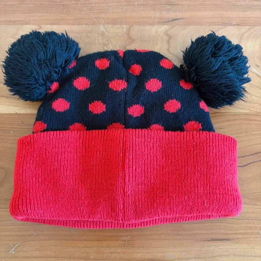 Disney Junior Minnie Mouse Toddler Beanie Hat Polka Dot Pom Pom Bow Red Black